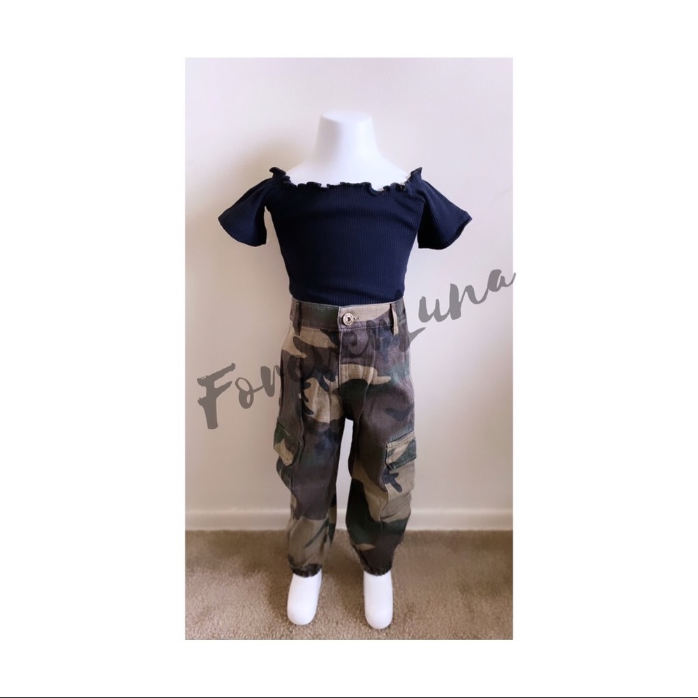 Army Joggers & Black off the Shoulder Tee